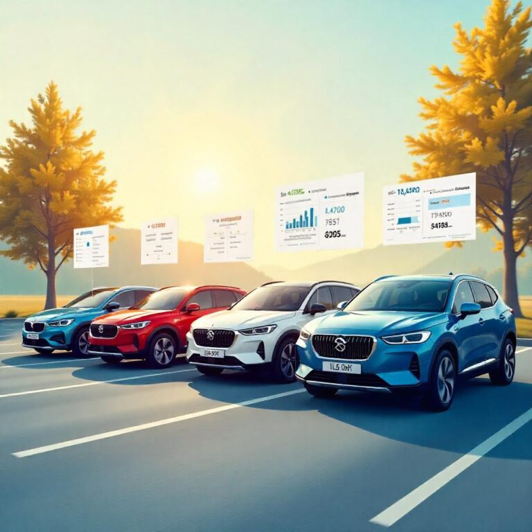 Crée une illustration comparant le coût de l’assurance auto pour plusieurs voitures électriques de marques comme Citroën, Peugeot, BMW, et d'autres. Montre plusieurs modèles de véhicules électriques alignés (de différentes marques), avec des étiquettes de prix d’assurance flottant au-dessus ou des graphiques comparatifs visibles à l’arrière-plan. Intègre une facture ou une loupe pointant sur des frais cachés. L’ambiance doit évoquer l’analyse, la vigilance financière et la transparence. Utilise un style infographique clair, moderne, avec des tons bleu, gris et rouge pour souligner les différences de coût.