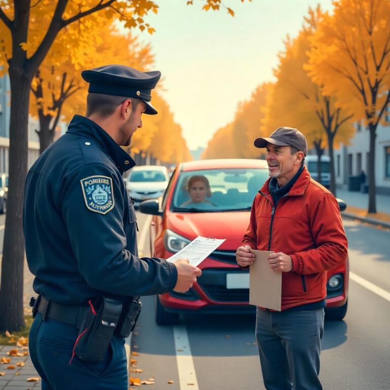 Crée une illustration représentant le non-respect de l’assurance automobile en tant qu’infraction croissante. Montre un conducteur contrôlé par la police, un véhicule sans vignette d’assurance ou avec un document marqué "Non assuré". Intègre un agent de police en train de verbaliser ou de scanner une plaque d’immatriculation. En arrière-plan, des statistiques ou une courbe en hausse peuvent symboliser la fréquence de cette infraction. L’ambiance doit être sérieuse, informative, et évoquer le risque légal. Style réaliste ou semi-réaliste, avec des couleurs sobres comme le bleu foncé, le gris et le rouge (pour signaler l’infraction).
