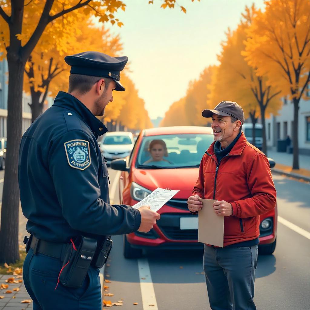 Crée une illustration représentant le non-respect de l’assurance automobile en tant qu’infraction croissante. Montre un conducteur contrôlé par la police, un véhicule sans vignette d’assurance ou avec un document marqué "Non assuré". Intègre un agent de police en train de verbaliser ou de scanner une plaque d’immatriculation. En arrière-plan, des statistiques ou une courbe en hausse peuvent symboliser la fréquence de cette infraction. L’ambiance doit être sérieuse, informative, et évoquer le risque légal. Style réaliste ou semi-réaliste, avec des couleurs sobres comme le bleu foncé, le gris et le rouge (pour signaler l’infraction).