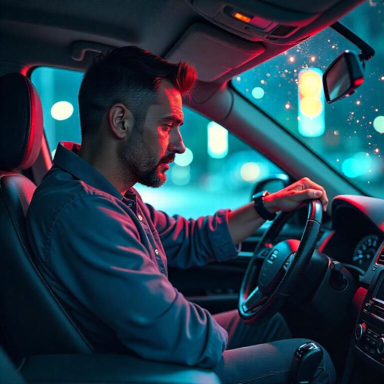 Crée une illustration montrant un conducteur stressé regardant une facture d’assurance élevée, avec un porte-monnaie vide ou presque vide à côté. Ajoute des symboles financiers comme des pièces de monnaie qui s’envolent ou un graphique en baisse. L’ambiance doit refléter la pression financière et l’inquiétude des assurés. Utilise un style réaliste ou semi-réaliste, avec des couleurs sombres comme le gris, bleu foncé et rouge pour souligner la difficulté.
