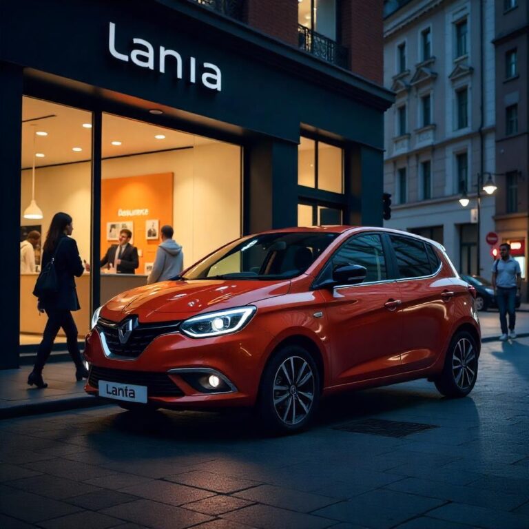 Crée une illustration élégante et moderne mettant en scène le retour de la Lancia Ypsilon. Montre une Lancia Ypsilon flambant neuve garée devant un bureau d’assurance ou affichée dans une vitrine, avec des éléments visuels évoquant la comparaison d’assurances (documents, écrans avec des options de prix, logos d’assureurs). Ajoute une personne (jeune pro, couple ou retraité) en train de choisir une formule d’assurance. L’ambiance doit être raffinée, stylée, et inspirer à la fois nostalgie et modernité. Utilise des tons premium (gris métallisé, bleu nuit, or) et un style semi-réaliste ou luxueux.